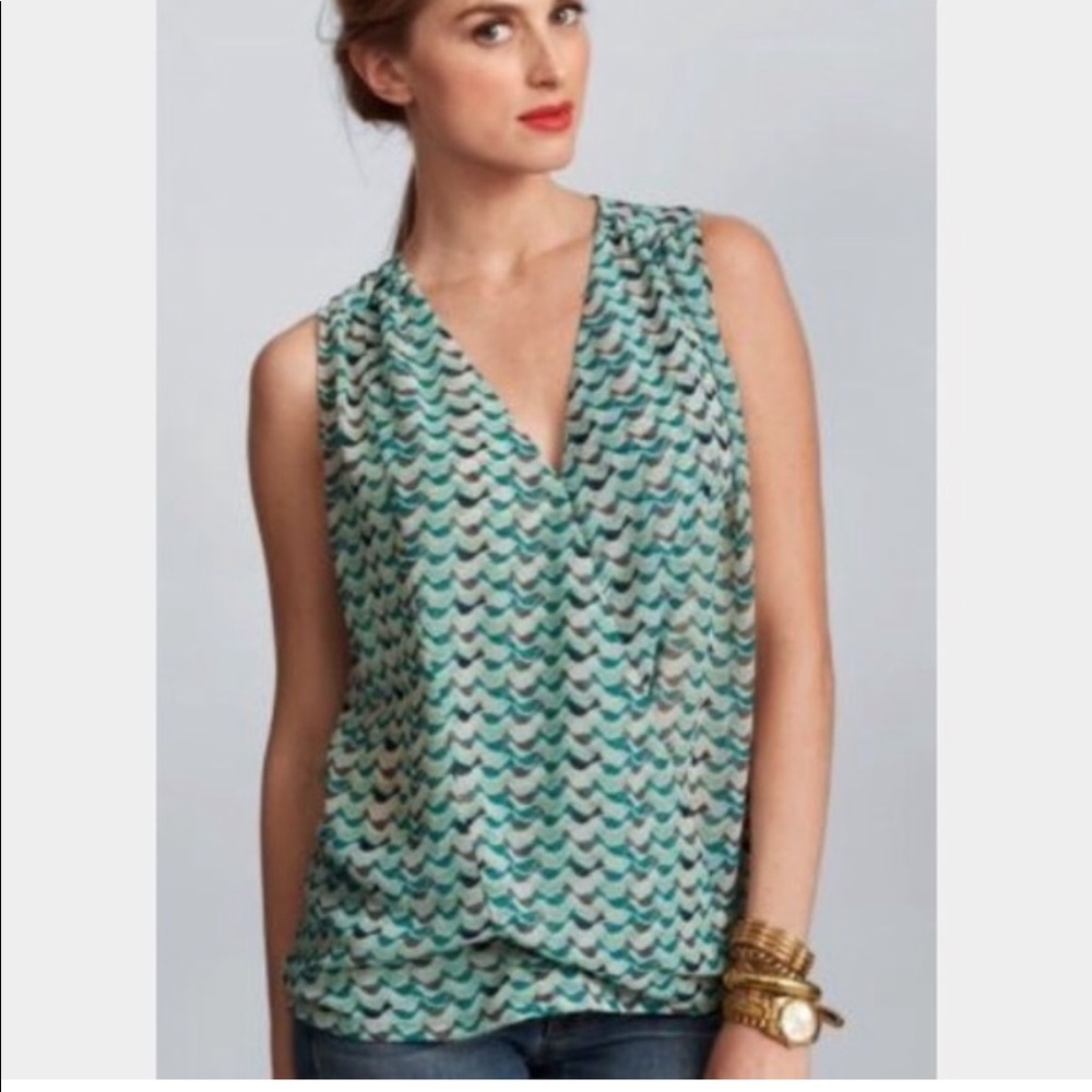 Cabi Small Green Bird Sheer Sleeveless Blouse